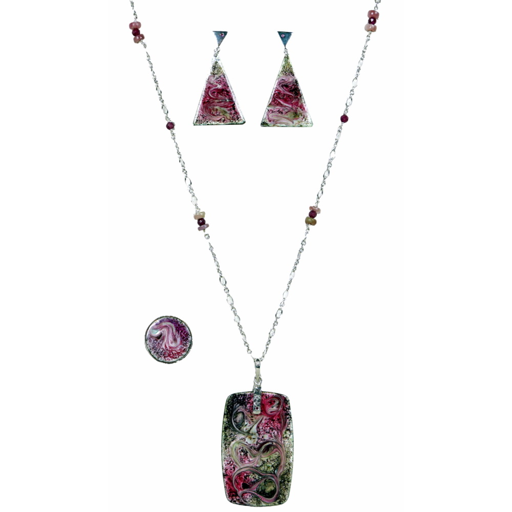 PARURE de BIJOUX en ÉMAIL SUR CUIVRE MONTURE ARGENT