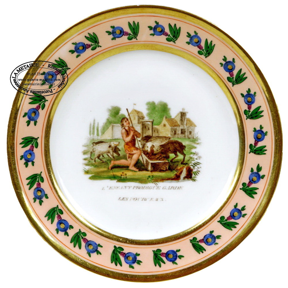 FRANCE - Manufacture INDÉTERMINÉE - Attribuée à PARIS - ASSIETTE - L’Enfant prodigue garde les pourceaux - Ep. DEBUT XIXe